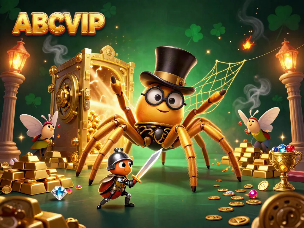 Experience the enchanting world of ABCVIP with a vibrant 3D casino scene featuring a golden tarantula and a brave beetle knight.