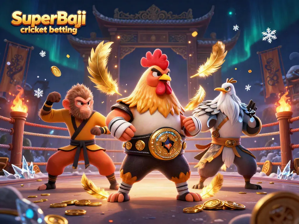 Engage with SuperBaji cricket betting through an exciting 3D illustration of fierce characters in a dynamic betting arena.
