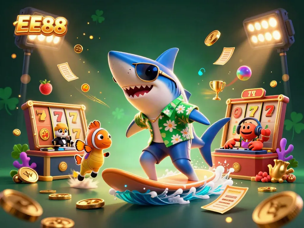 Experience EE88's vibrant casino adventure with a shark, clownfish, and crab amidst slot reels and gold coins.