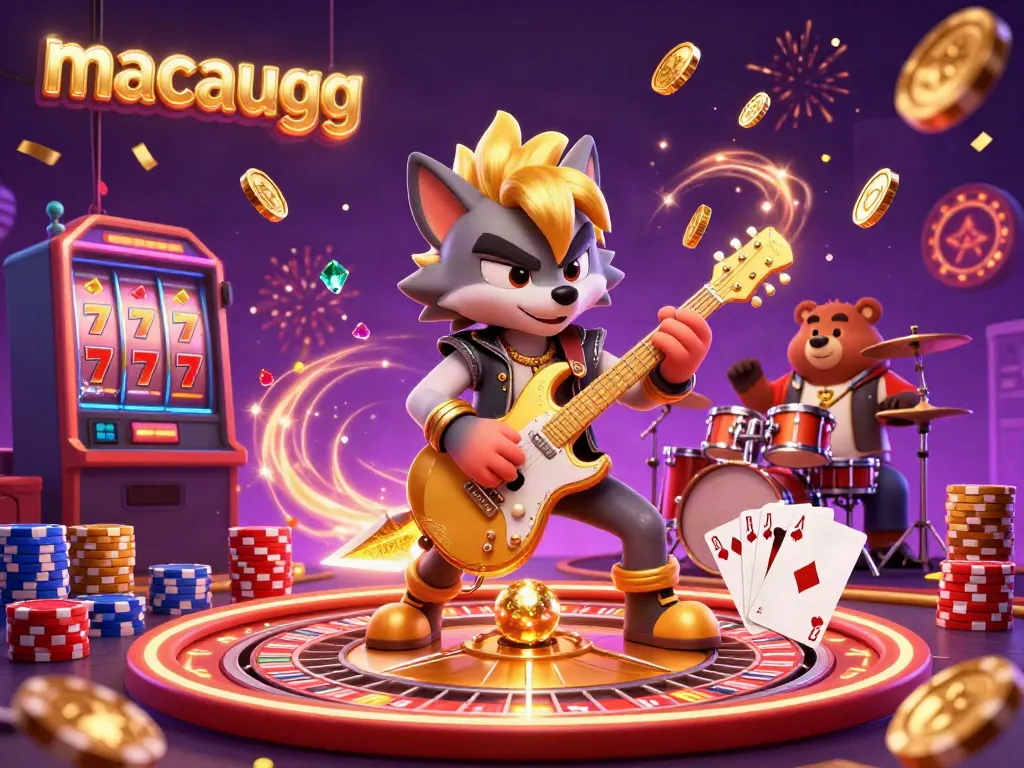 Experience the thrilling energy of MacauGG with a vibrant casino scene featuring dynamic characters and gameplay elements.