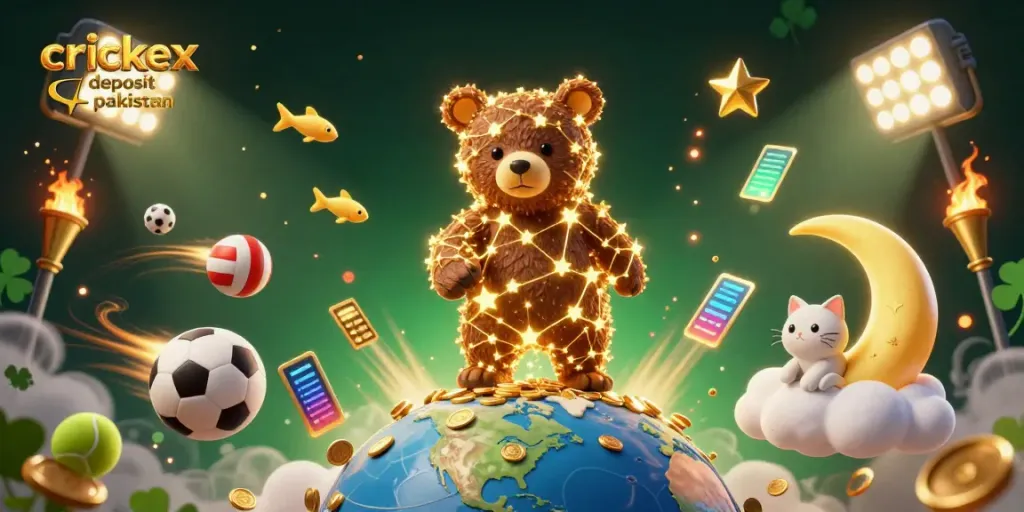 Engage in exciting games with crickex deposit pakistan featuring a constellation bear, sports balls, and vibrant coins.