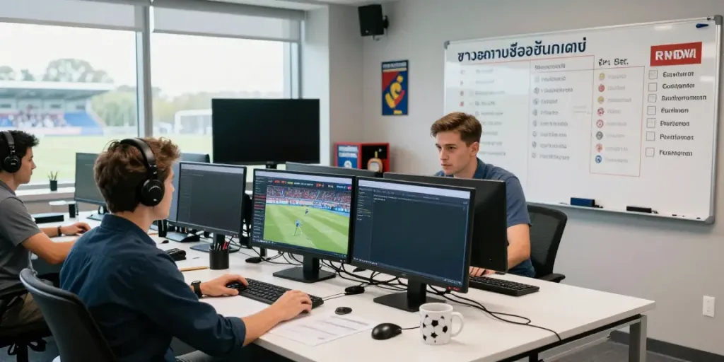 Dynamic newsroom scene focused on ข่าวตลาดซื้อขายนักเตะ updates, featuring analysts and sports transfers.