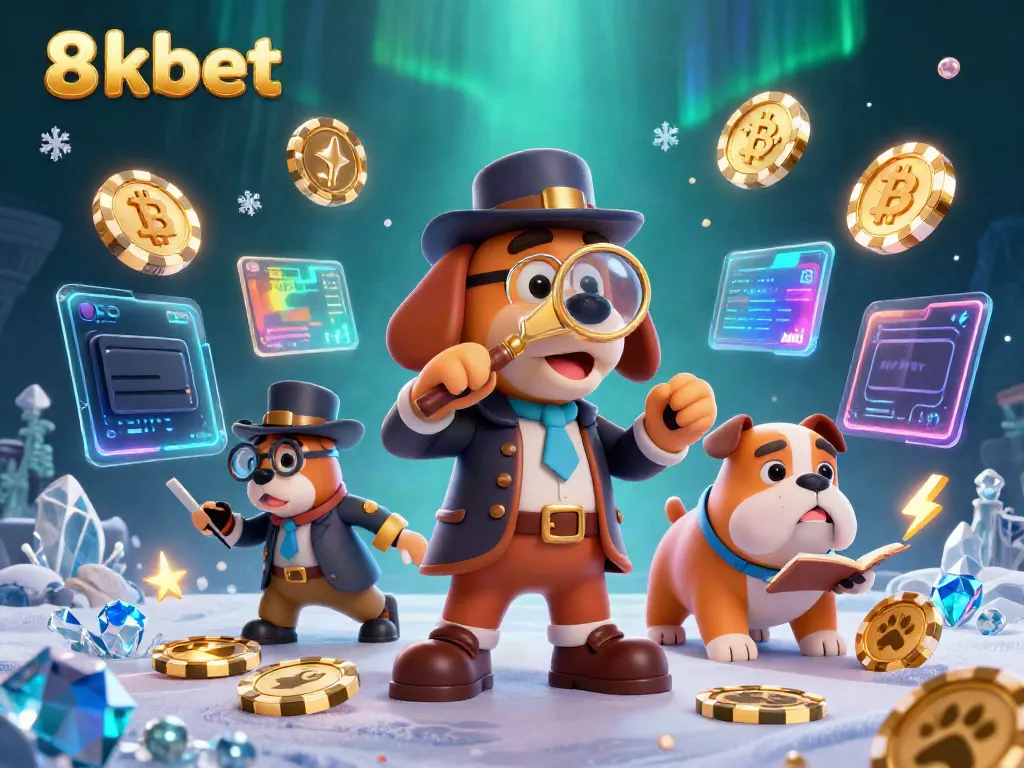 8xbet showcases a detective duo exploring poker chip clues amidst crypto and casino elements in 3D.