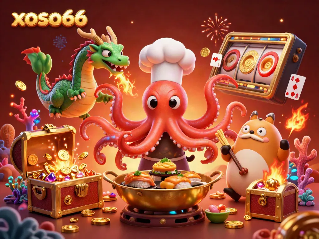 Xoso66 offers a vibrant 3D illustration of a sushi chef octopus and a dragon amidst gold coins in a gambling scene.