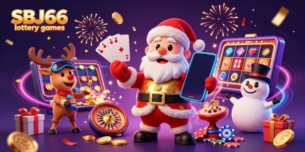 Experience the excitement of SBJ66 lottery games with Santa, his reindeer, and a chip-top hat snowman in a vibrant casino setting.