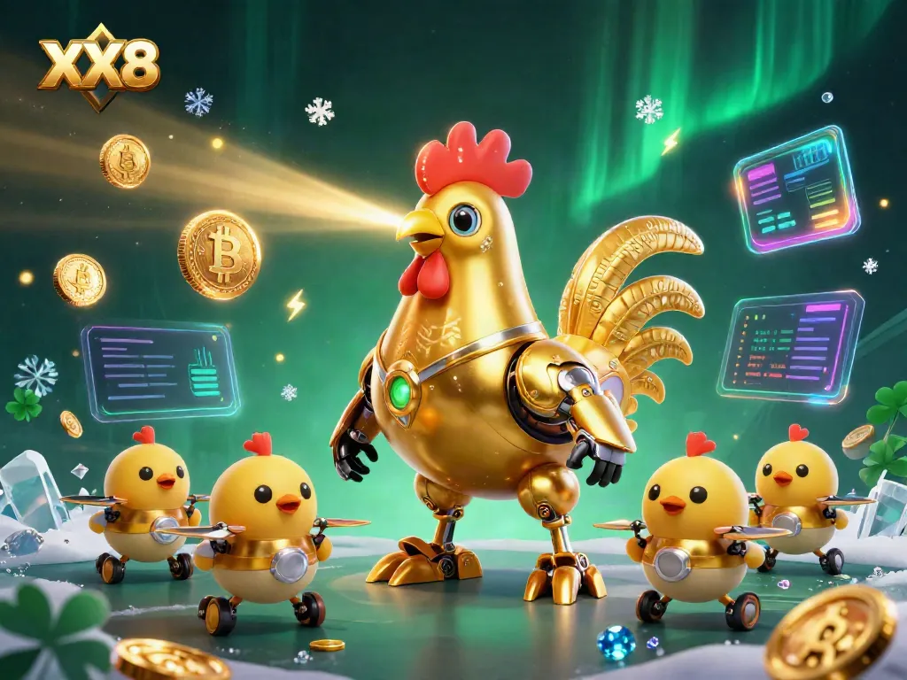Engage with XX8's vibrant casino experience featuring a golden rooster robot and crypto elements.