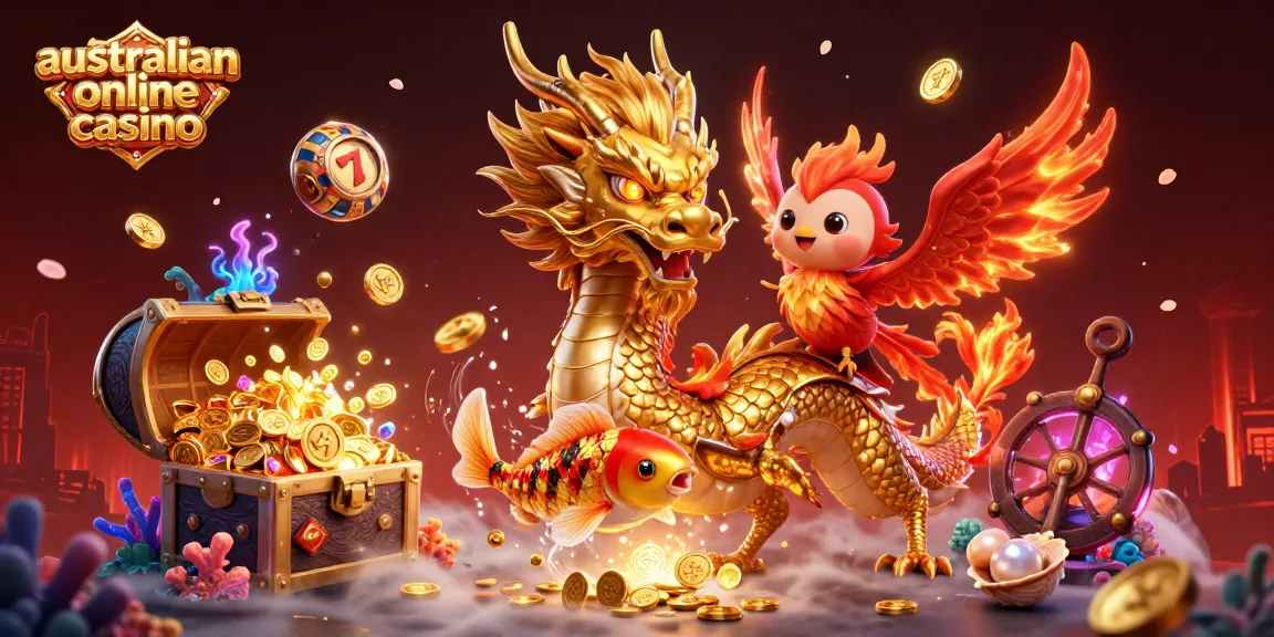 Engage with the vibrant world of an australian online casino featuring a golden dragon, phoenix, and koi amid slot reels.