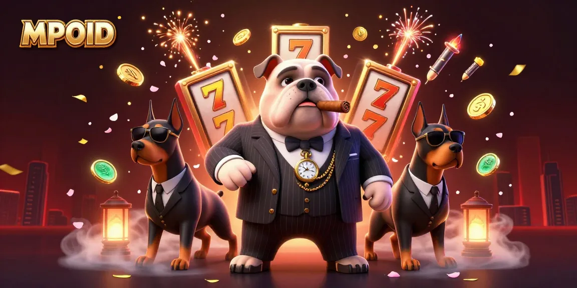 MPOID showcases a mafia boss bulldog and Doberman bodyguards amidst vibrant slot reels and coins.
