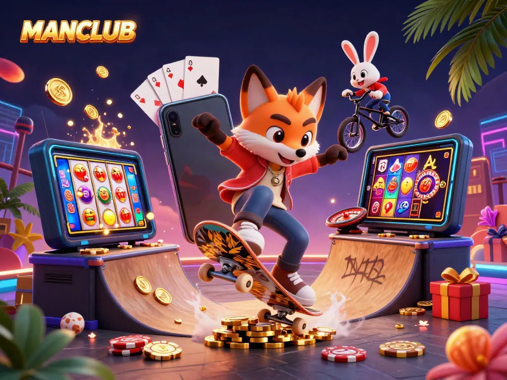 Engage in thrilling gameplay with MANCLUB in a vibrant 3D casino scene full of slot action.