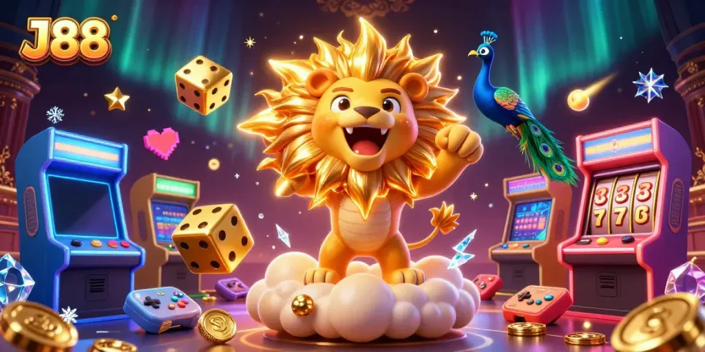 Experience the excitement of J88 with a colorful casino scene featuring vibrant characters and gaming elements.