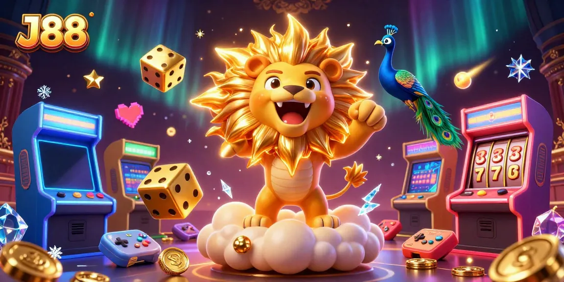 Experience the excitement of J88 with a colorful casino scene featuring vibrant characters and gaming elements.