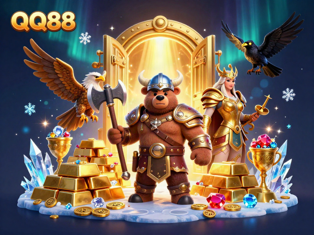 Experience the thrill of QQ88 casino innovation with Viking and Valkyrie in a treasure-filled scene.