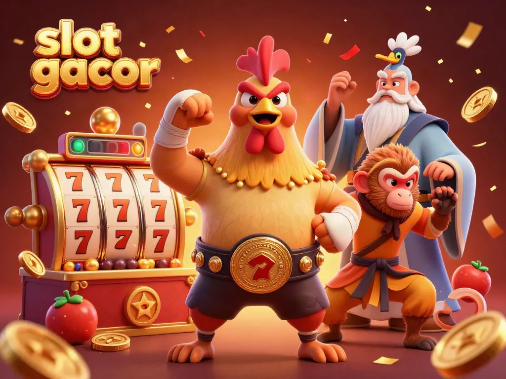 Experience slot gacor excitement with a vibrant 3D casino illustration featuring dynamic characters and rich gaming elements.