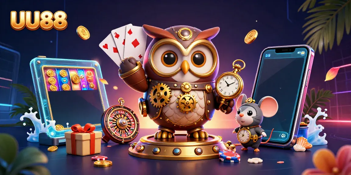 Experience the excitement of UU88 with a vivid casino scene featuring a time-traveling owl and immersive gaming elements.
