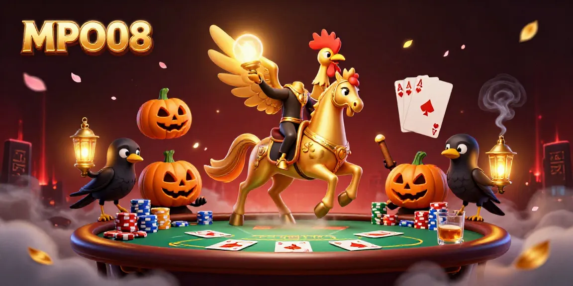 Experience the thrilling MPO08 gaming scene with a golden rooster headless horseman in an enchanting casino.