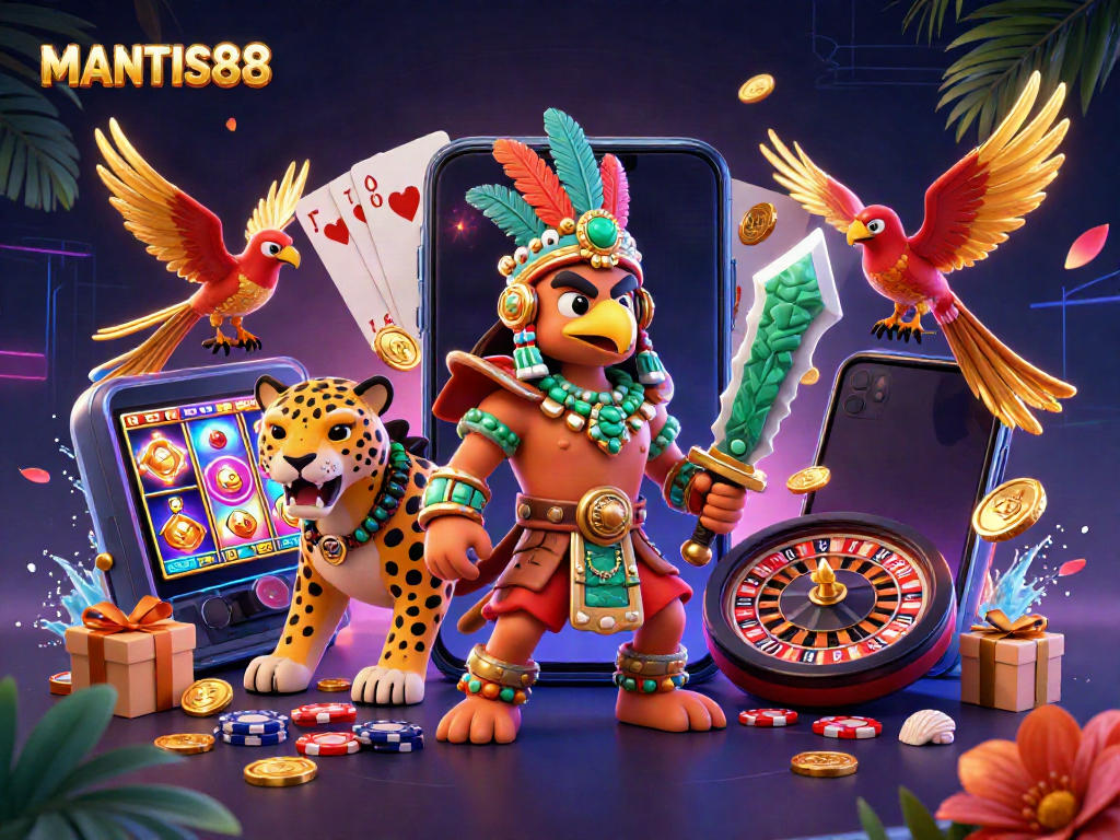 Experience thrilling gameplay with MANTIS88 featuring vibrant slots, energetic characters, and dynamic casino elements.