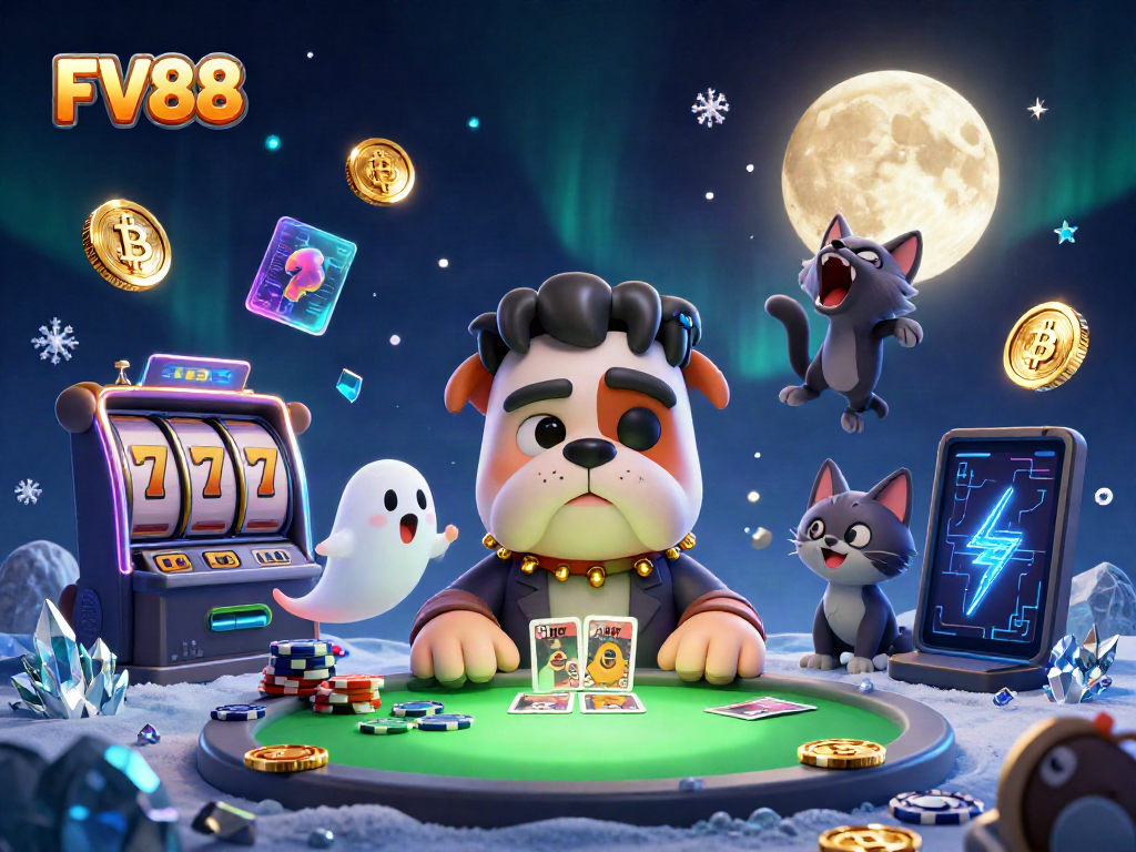 Experience FV88 with a cartoon monster dealer, glowing coins, and vibrant casino elements.