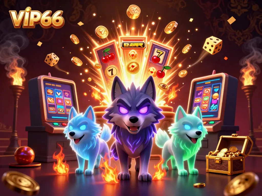 Experience thrilling wins at VIP66 with a dynamic scene of animated characters and a jackpot explosion.
