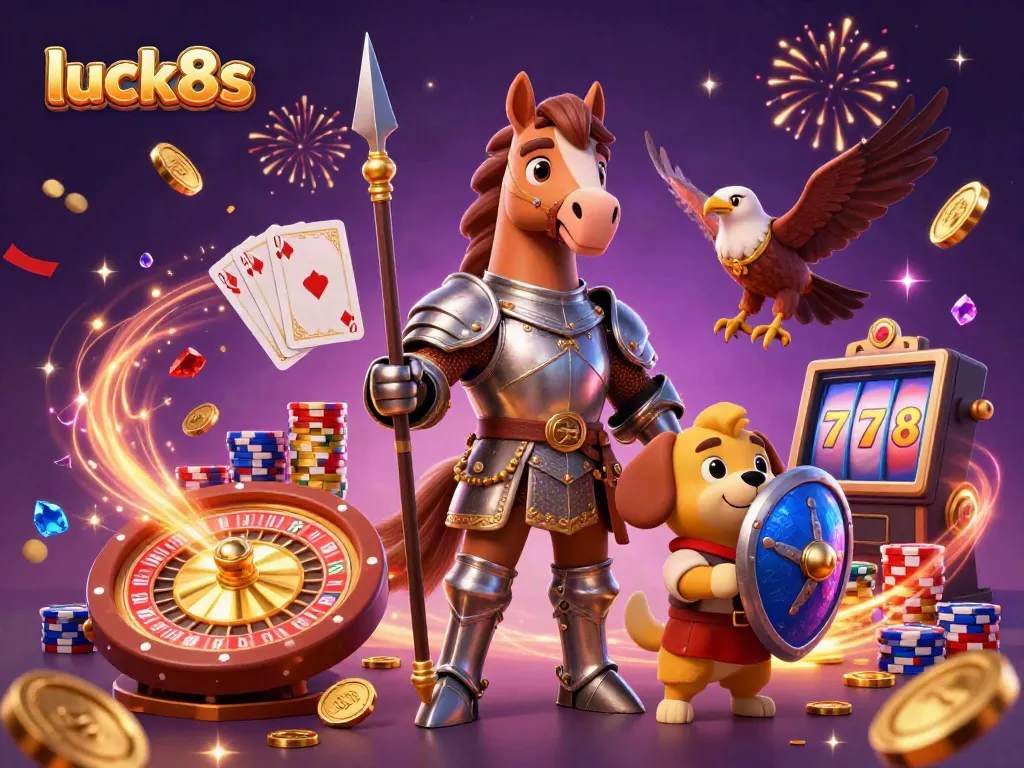 Experience luck8s with an energetic scene featuring a knight, puppy, and falcon amidst casino excitement.