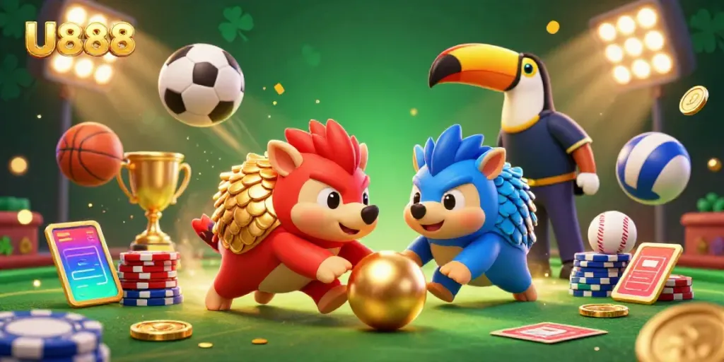 Experience exhilarating casino action with U888's vibrant pangolin characters and dynamic sports elements.