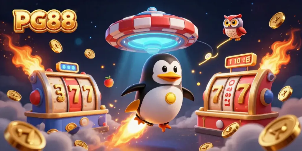 Experience gaming at PG88 with a golden penguin navigating a cosmic casino adventure amidst vibrant slot reels and golden treasures.