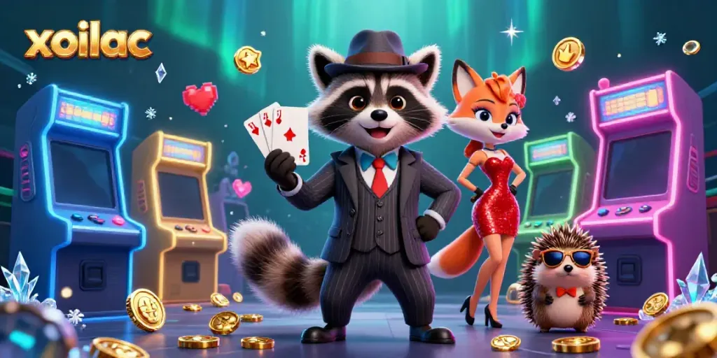 Xoilac offers a captivating gaming experience with a raccoon holding a royal flush surrounded by vibrant arcade elements.