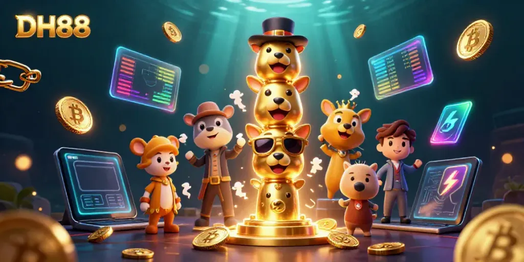 Experience engaging gameplay with DH88's dynamic casino characters amidst colorful crypto coins.