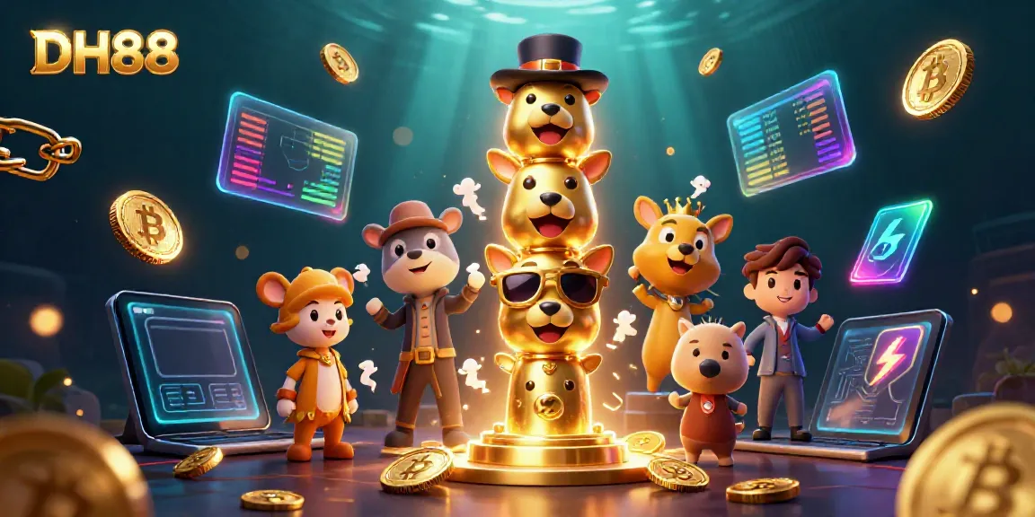 Experience engaging gameplay with DH88's dynamic casino characters amidst colorful crypto coins.