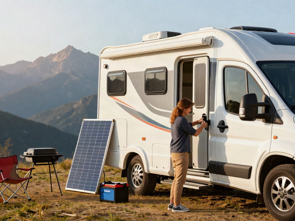 Connecting an rv lithium battery in a scenic outdoor setting with camping gear.