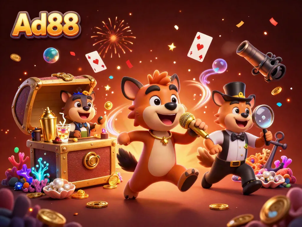 Ad88 hyena-themed casino club brimming with gold and vibrant gambling elements in a lively scene.