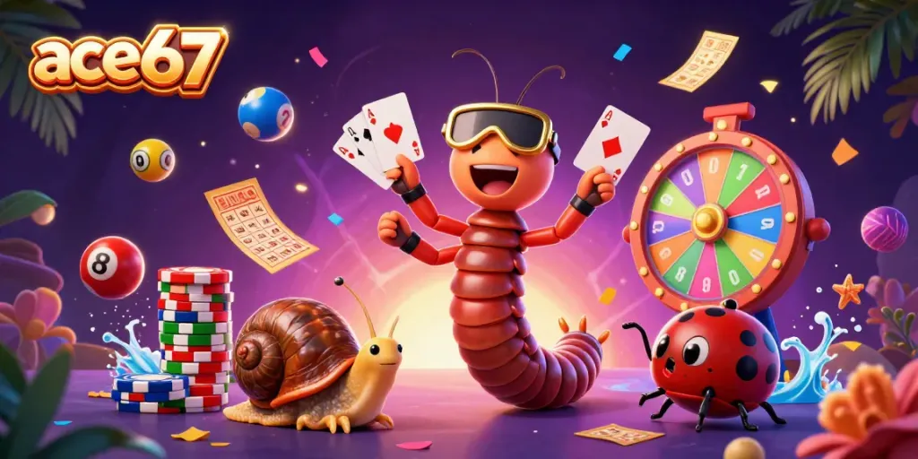 Experience the excitement of ace67 with lively characters and dynamic gaming elements in a colorful illustration.