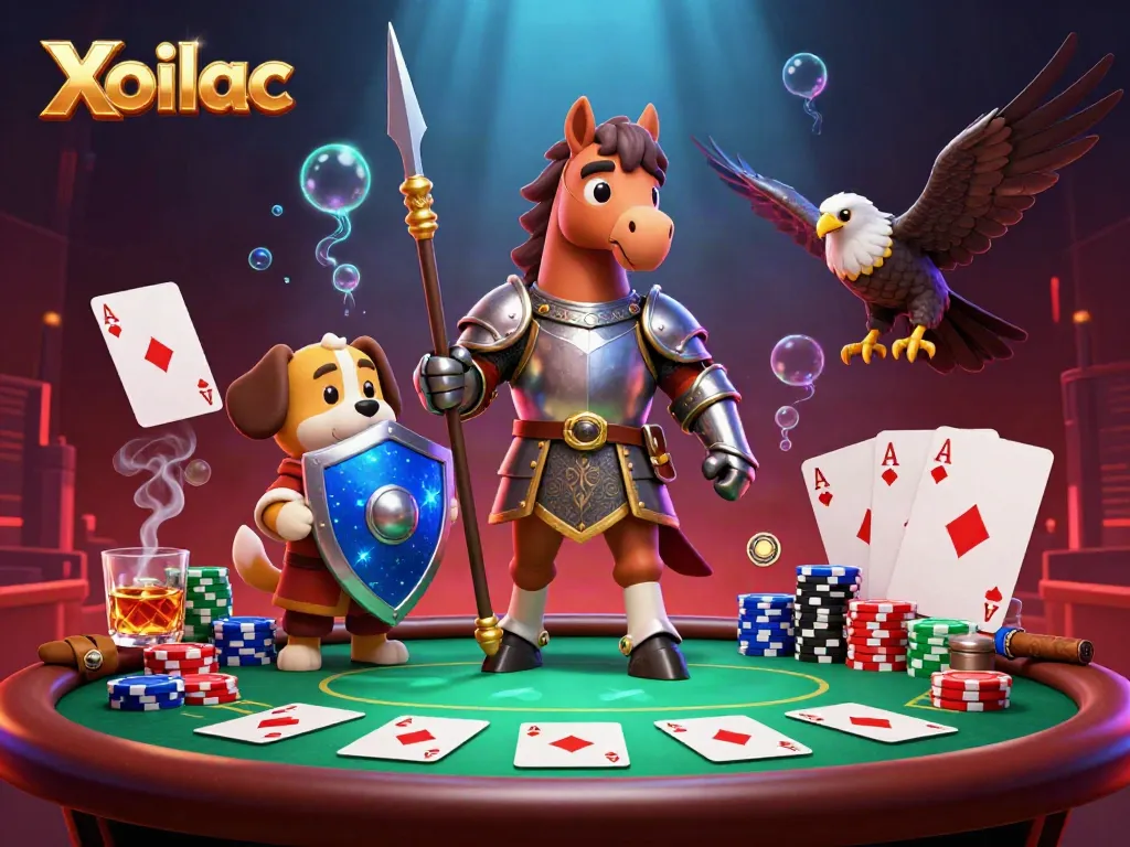 Xoilac showcases a lively scene of knights and poker, blending medieval fantasy with casino excitement.