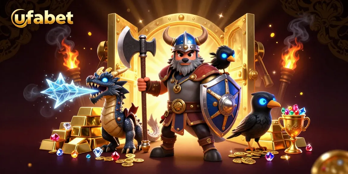 Experience thrilling gameplay at ufabet with a vibrant scene of a Viking warrior, dragon, and treasure.