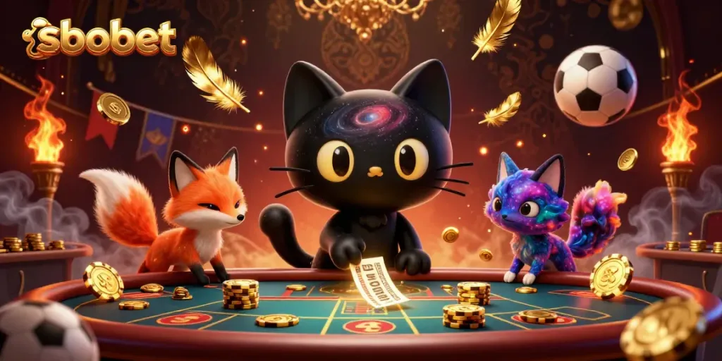Players engage in thrilling sports betting at sbobet, featuring a fantastical black hole cat and nebula fox.