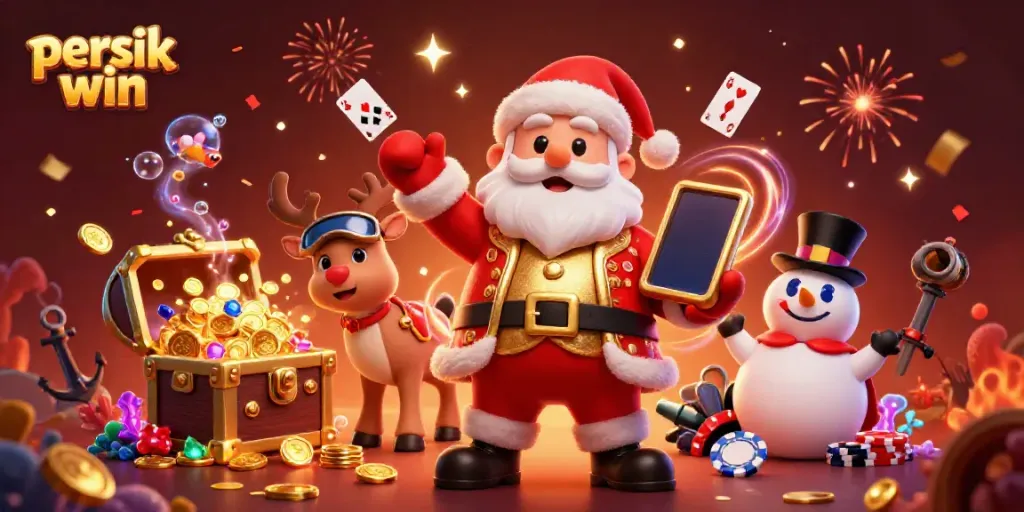 Gamblers merayakan kemenangan jackpot di persik win dengan Santa Claus dan teman-teman.