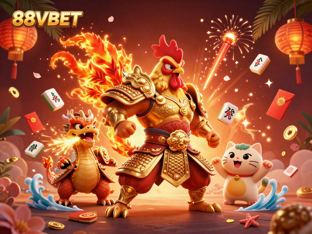 Engage in thrilling action with 88VBET as the dynamic rooster warrior battles alongside a fierce dragon.