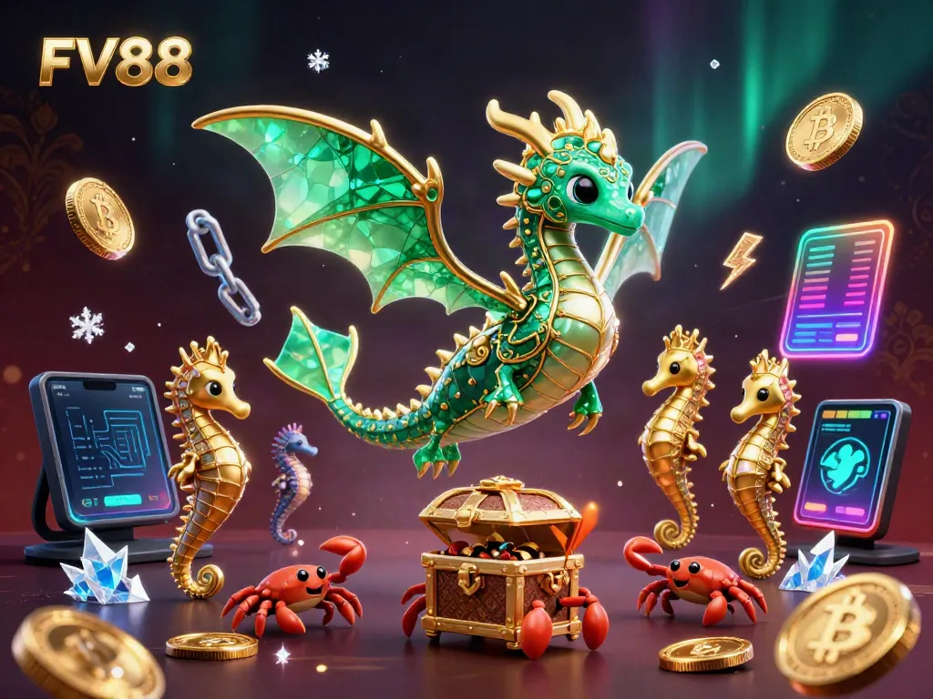 Win big with FV88 featured in an enchanting sea dragon casino scene filled with crypto coins and treasures.