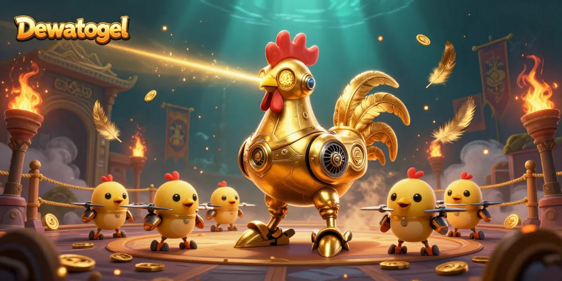 Dewatogel offers thrilling betting with golden rooster robot and chick drones in an exciting casino arena.