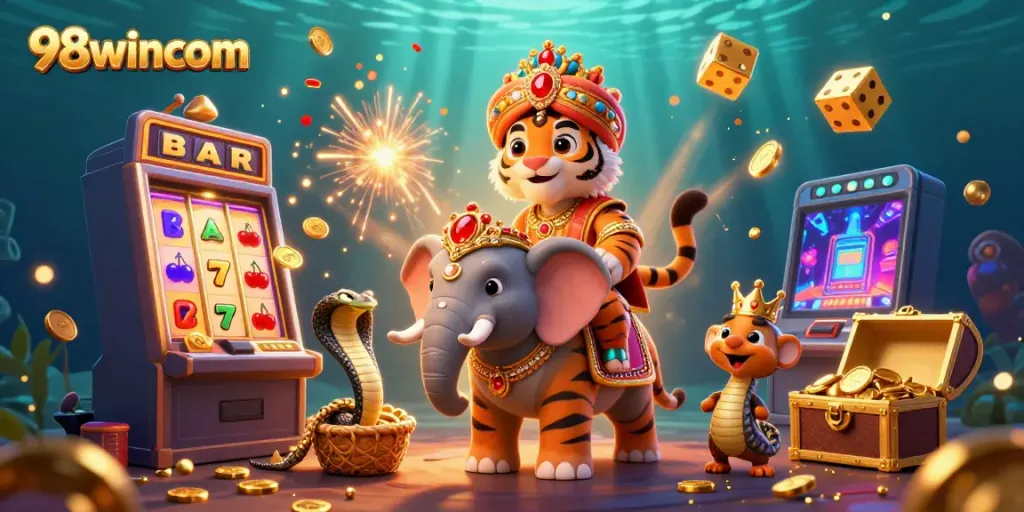 Experience vibrant wins at 98wincom with this thrilling slot machine scene featuring exotic characters.
