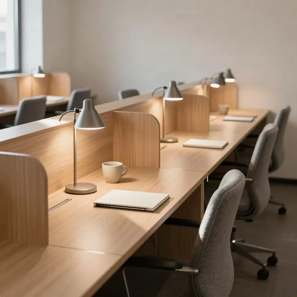 Warm coworking desk row with lamps, chairs, and notebooks in soft daylight.