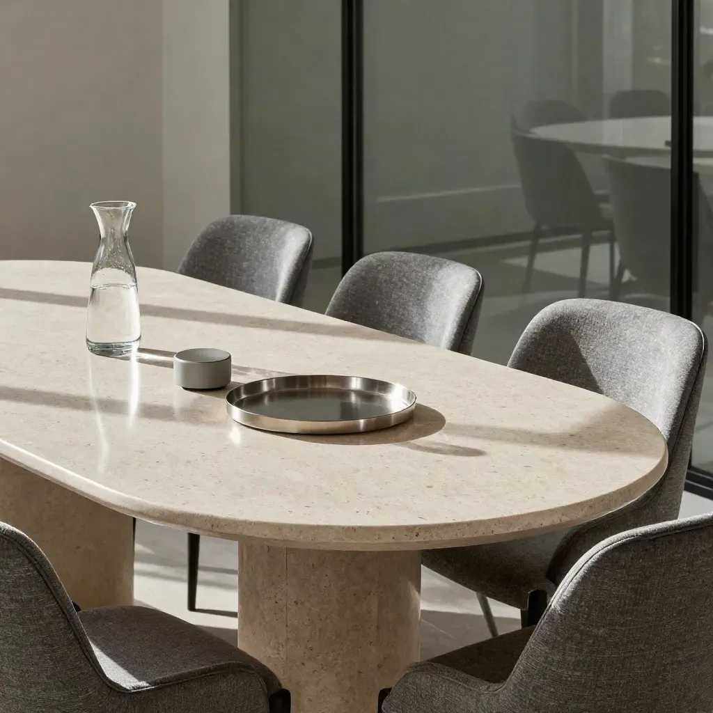 Glazed meeting room with round table, slate chairs, carafe and speaker puck in soft daylight.