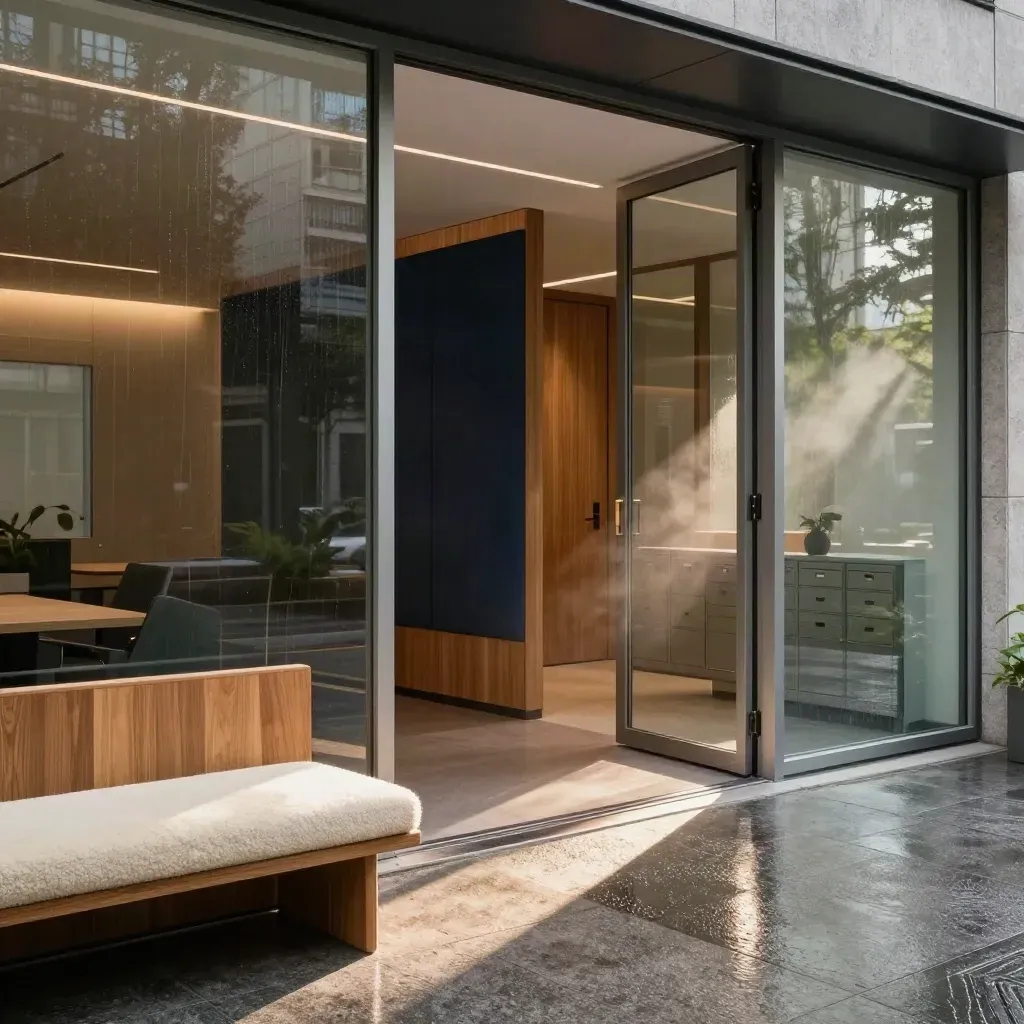 Rain-sheened coworking suite with glass pod, wood lounge, mail lockers and morning side light.