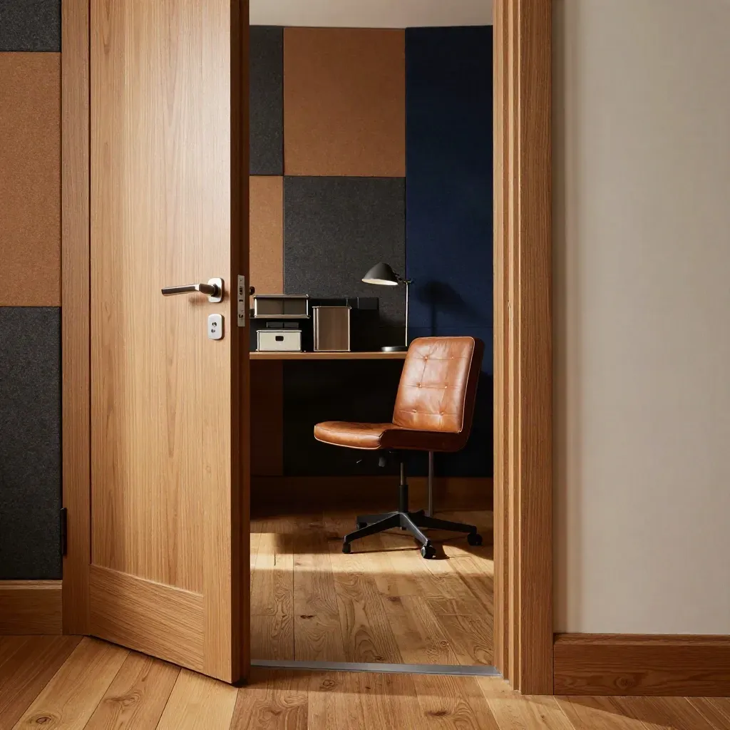 Private office with an ajar oak door, leather chair, acoustic panels, and sunlit warm wood floor.