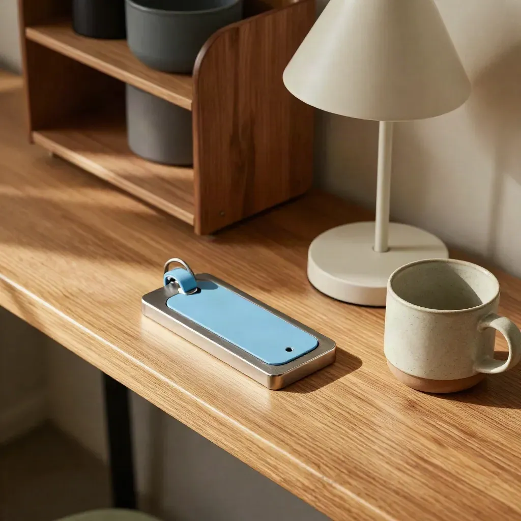 Day-pass station with key sleeve, lamp, tote shelf and mug in warm coworking corner