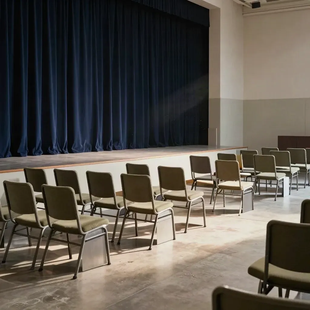 Empty event space with stacked chairs, plinths, and navy curtains in cinematic light.