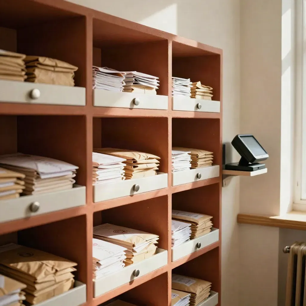Mail cubbies with parcels, key hooks and a scanner in warm terracotta light