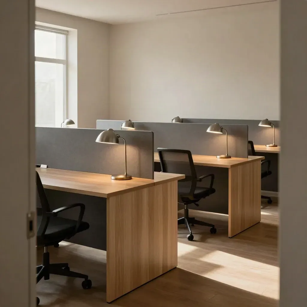 Prepared private office suite with eight desks, lamps, and chairs in warm late-afternoon light.