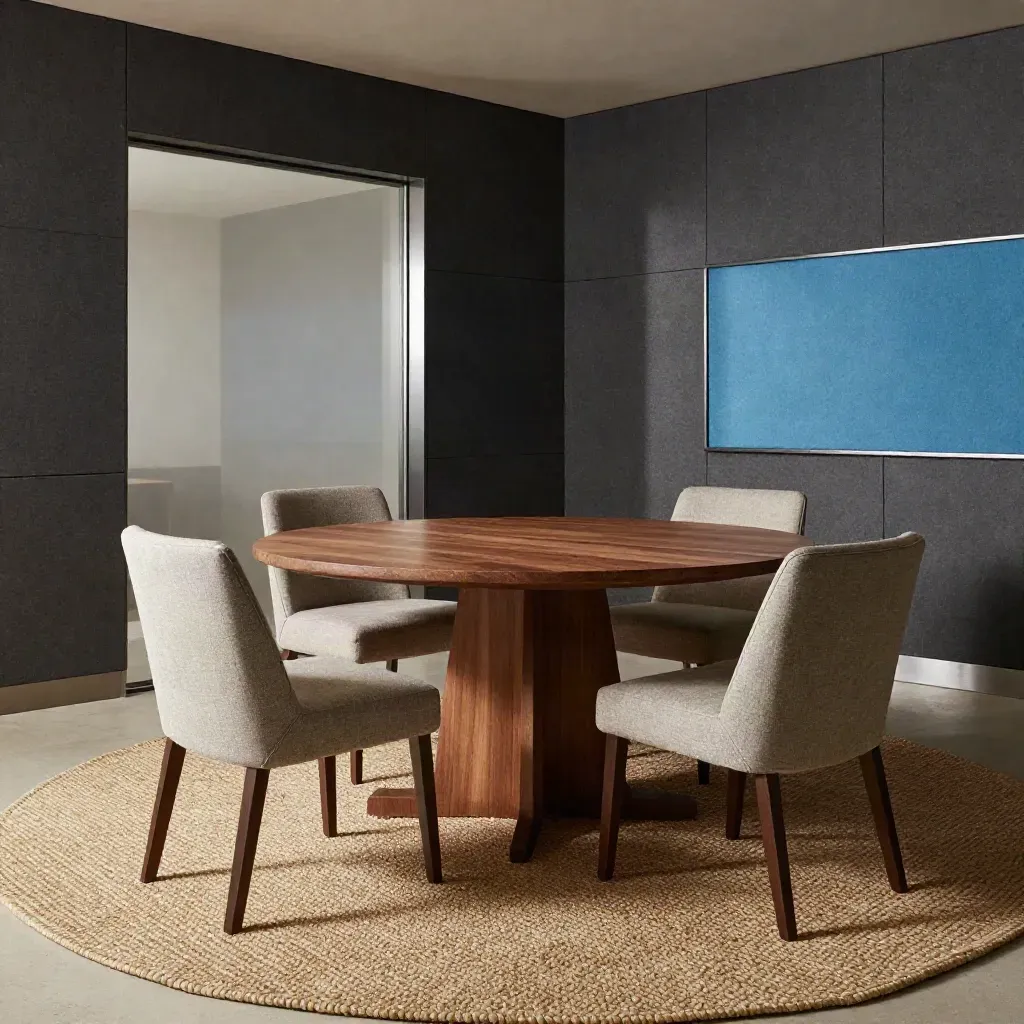 Empty sound-treated meeting room with round table, acoustic panels, rug, and glass door.