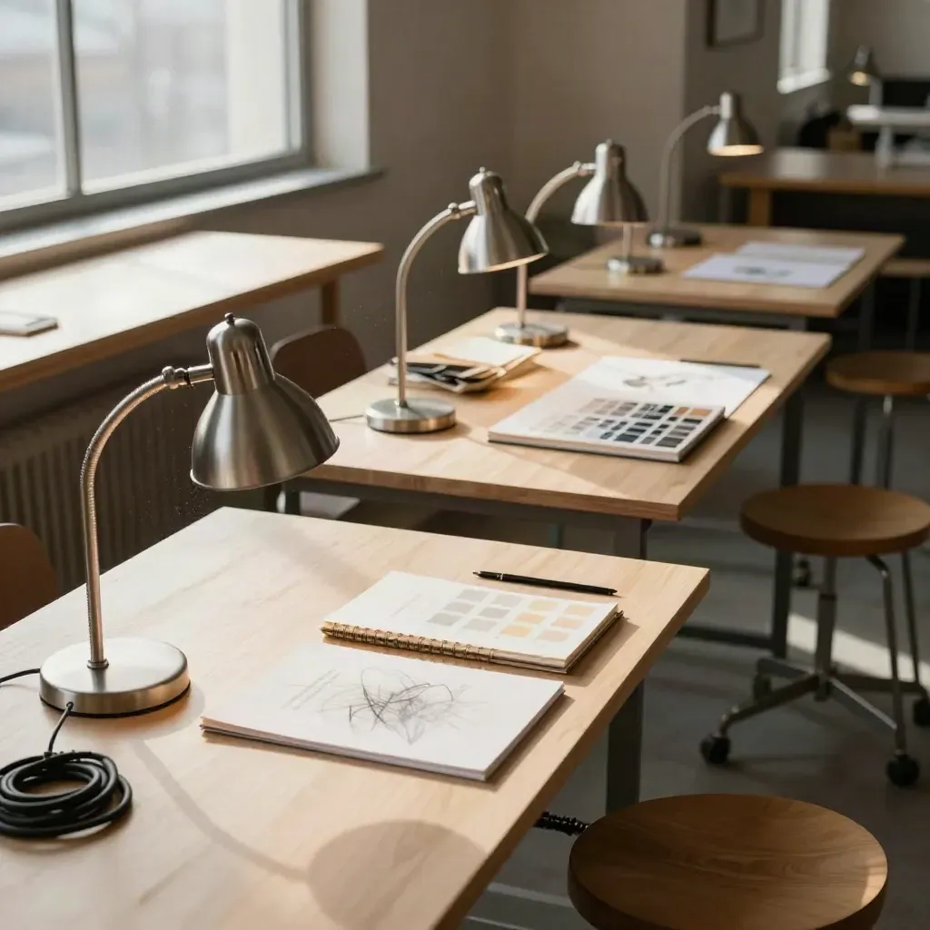 Empty creative studio desks with lamps, sketchbooks, swatches and stools in warm window light.