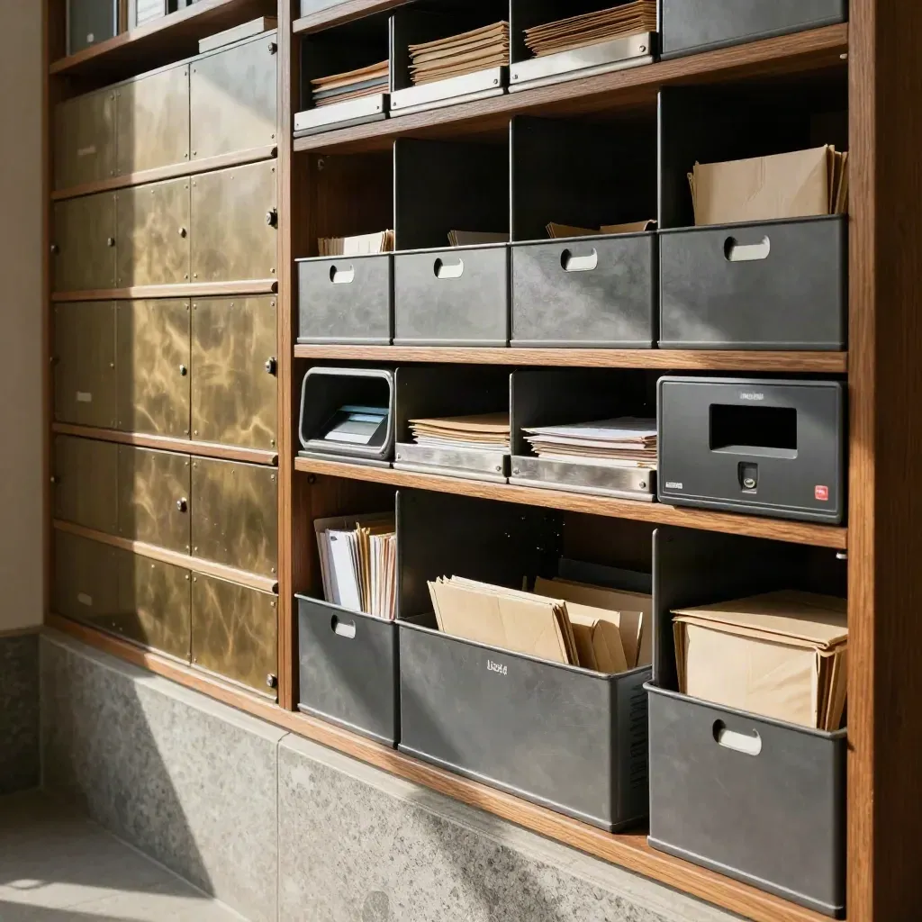 Compact mail wall with trays, parcels, scanner dock and bins in warm morning light.
